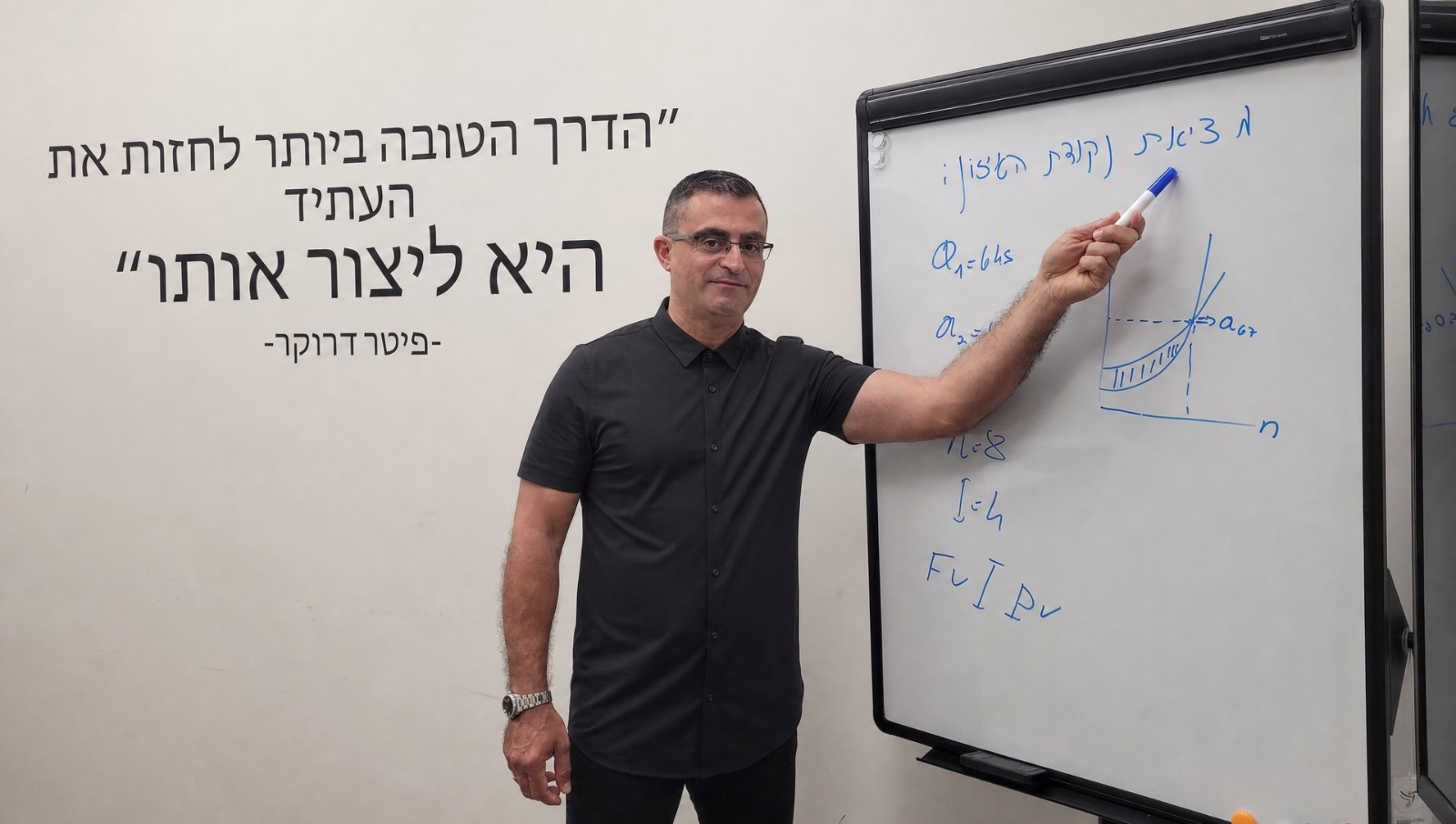 רן חובב מסביר מתמטיקה פנסיונית ליד לוח